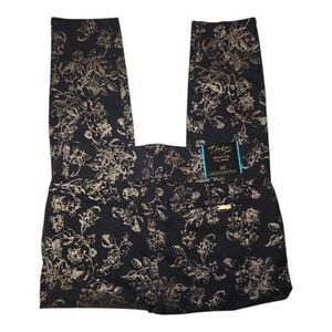 ​NWT Thalia Sodi Gold Metallic Floral Skinny Pants Black Size 10